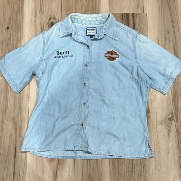 Harley Davidson Vintage Embroidered Naples Button Down Denim Shirt Women’s Large - Picture 1 of 4
